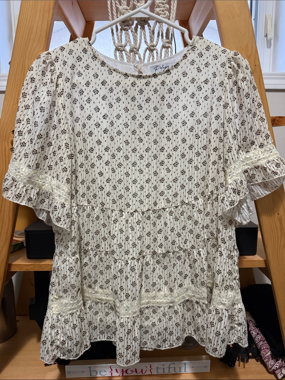 Polagram Cream Floral Print Tiered Ruffle Blouse